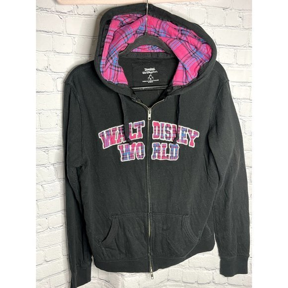 DISNEYLAND LADIES BLACK ZIP UP HOODIE WITH PLAID‎ DETAIL  SZ (XL)  EUC     E-300 - Picture 1 of 4